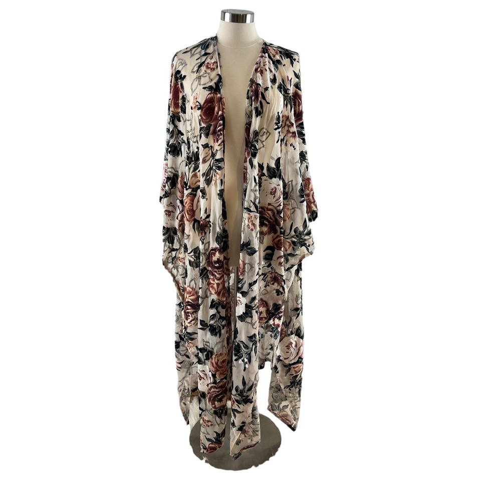 Long Burn Out Mesh Cardigan Kimono Floral in Light Beige One Size